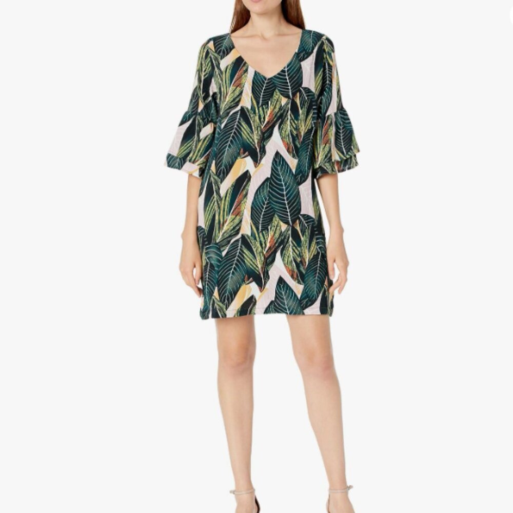 BELONGSCI Dress‎ Womens Size XL Green Tropical Hawaiian Mini Ruffle Bell Sleeve